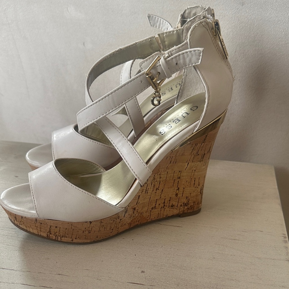 GUESS White Cork Platform Wedge Sandals with Gold Accents